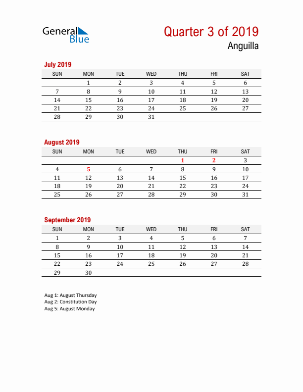 Printable Three Month Calendar with Anguilla Holidays