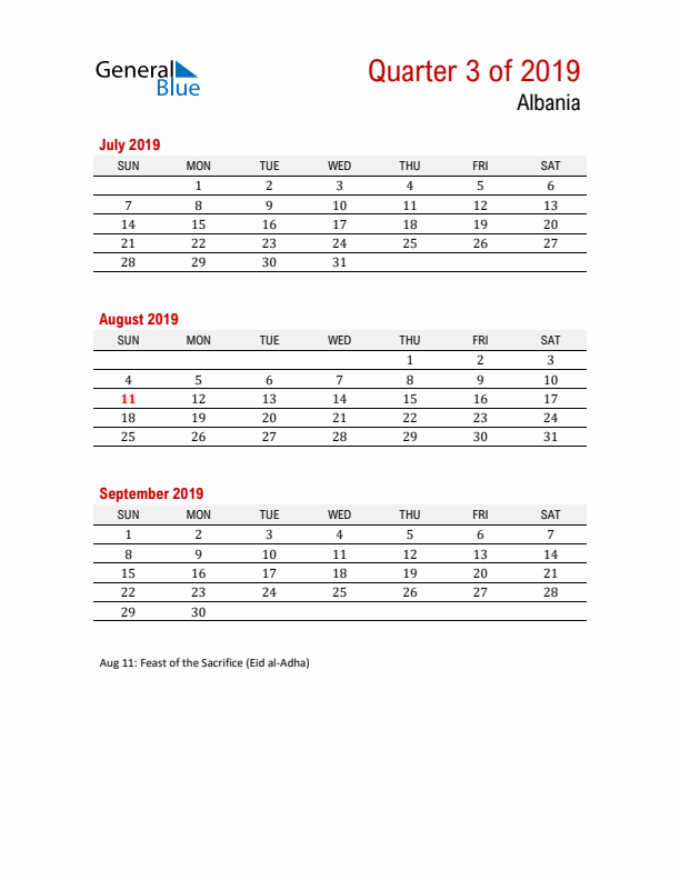 Printable Three Month Calendar with Albania Holidays