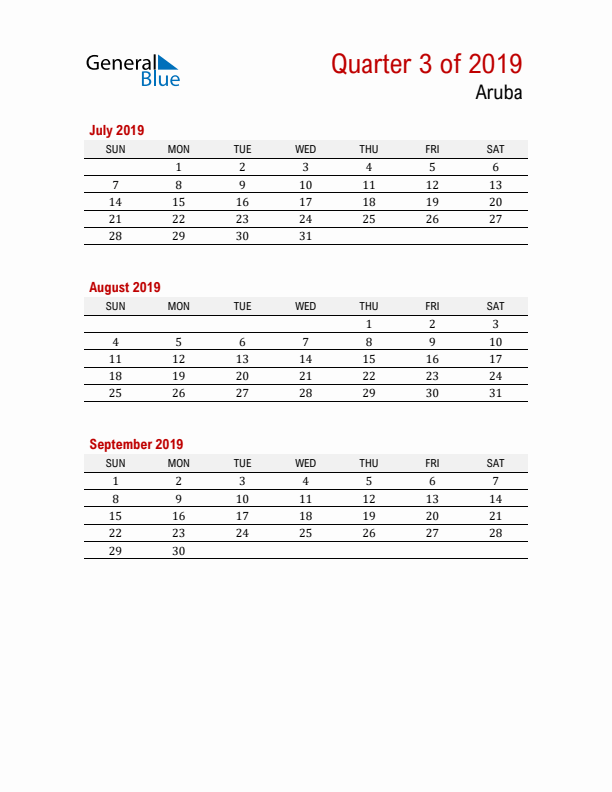 Printable Three Month Calendar with Aruba Holidays