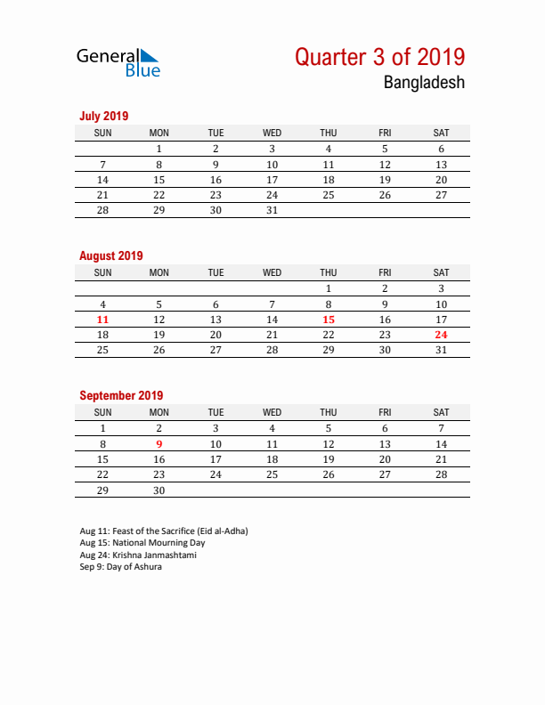 Printable Three Month Calendar with Bangladesh Holidays