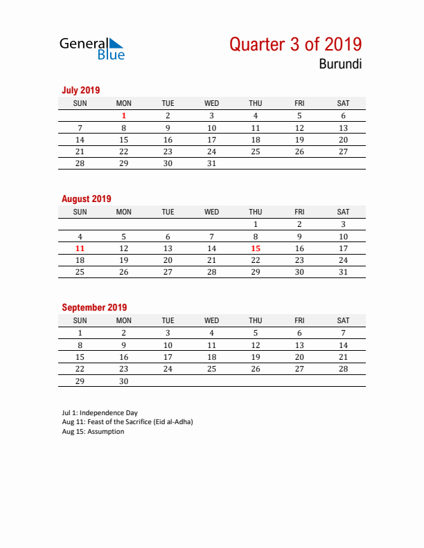 Printable Three Month Calendar with Burundi Holidays