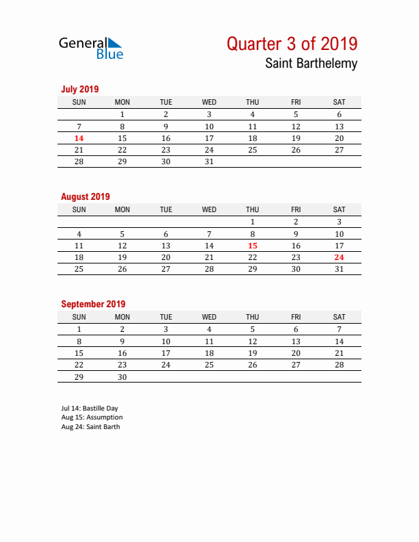 Printable Three Month Calendar with Saint Barthelemy Holidays