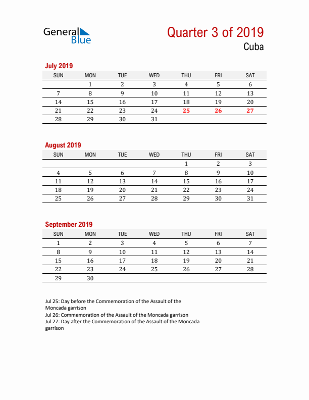 Printable Three Month Calendar with Cuba Holidays