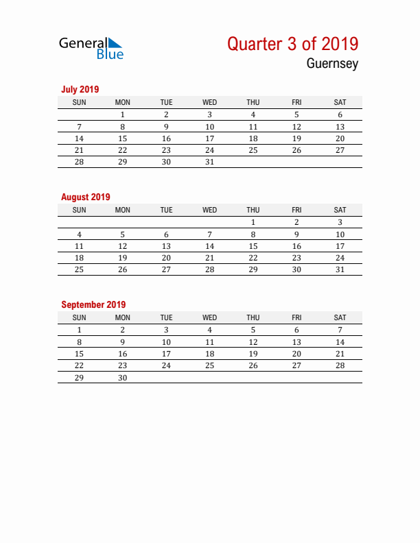 Printable Three Month Calendar with Guernsey Holidays