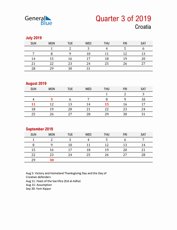 Printable Three Month Calendar with Croatia Holidays