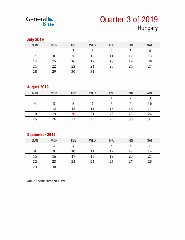 Printable Three Month Calendar with Hungary Holidays