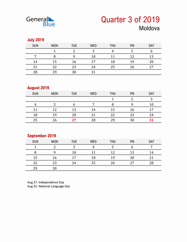 Printable Three Month Calendar with Moldova Holidays