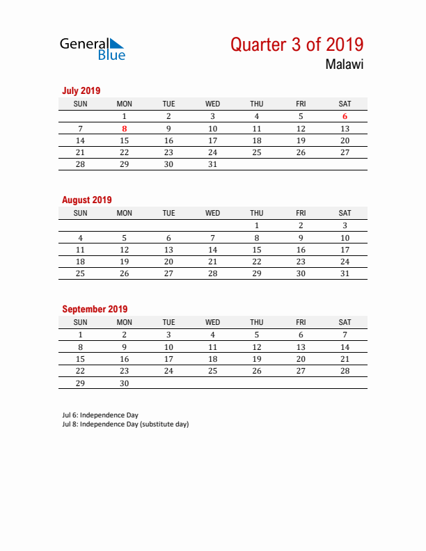 Printable Three Month Calendar with Malawi Holidays