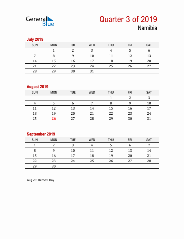 Printable Three Month Calendar with Namibia Holidays