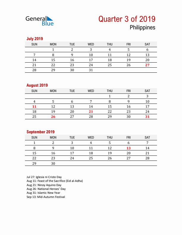 Printable Three Month Calendar with Philippines Holidays