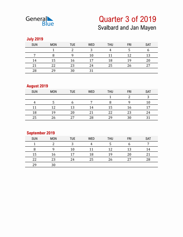 Printable Three Month Calendar with Svalbard and Jan Mayen Holidays