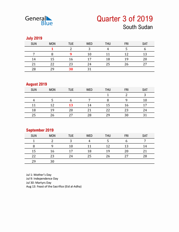 Printable Three Month Calendar with South Sudan Holidays