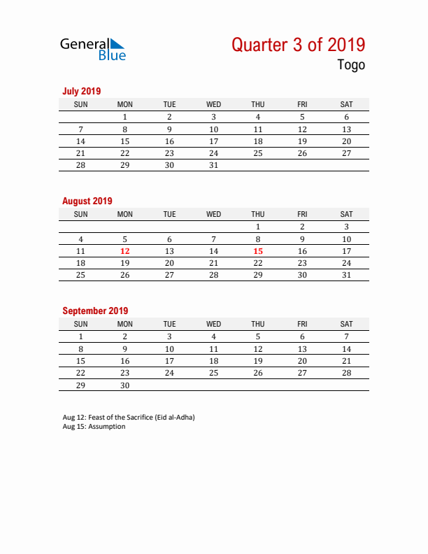 Printable Three Month Calendar with Togo Holidays