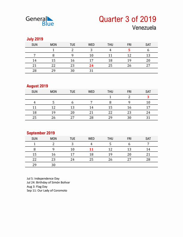 Printable Three Month Calendar with Venezuela Holidays