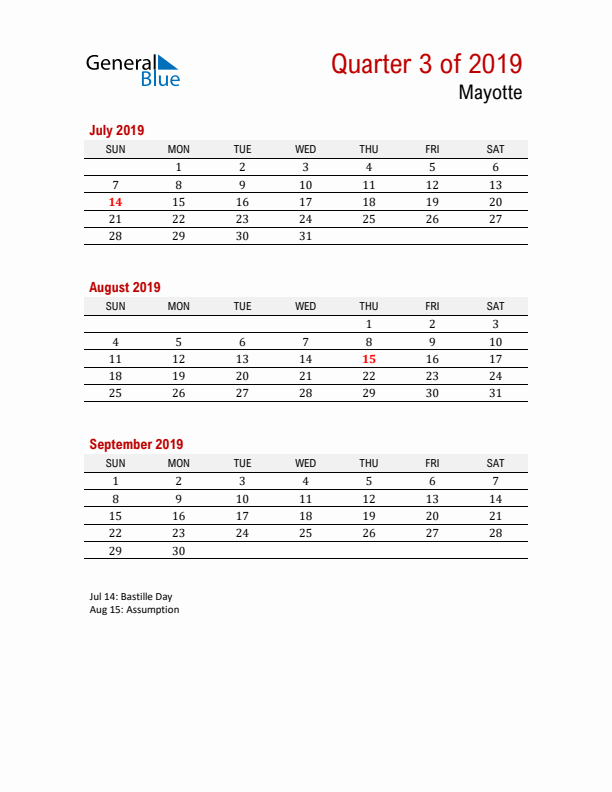 Printable Three Month Calendar with Mayotte Holidays