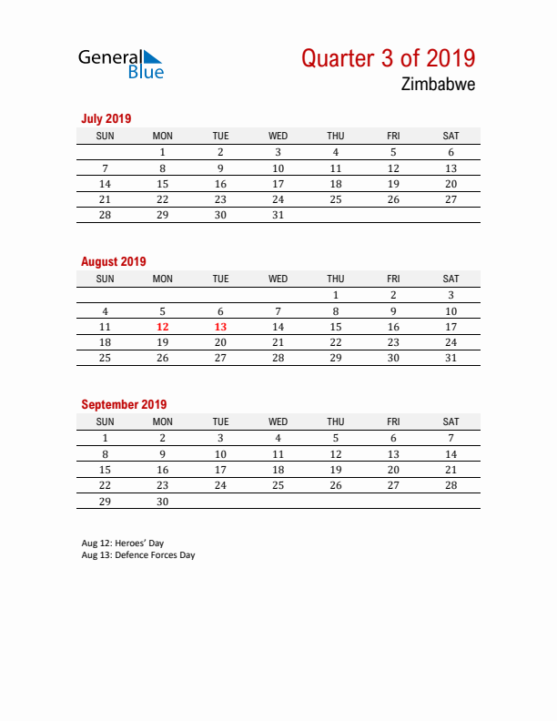 Printable Three Month Calendar with Zimbabwe Holidays