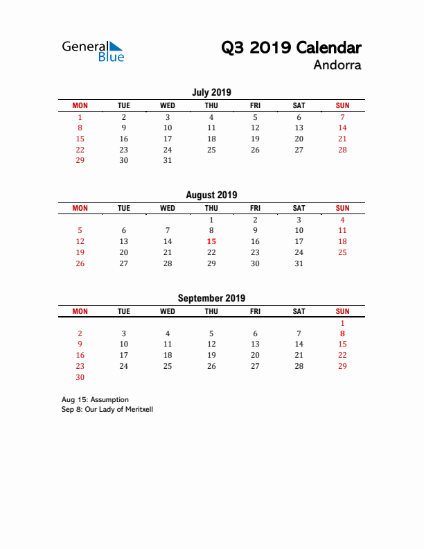 2019 Q3 Calendar with Holidays List for Andorra