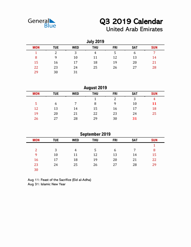 2019 Q3 Calendar with Holidays List for United Arab Emirates