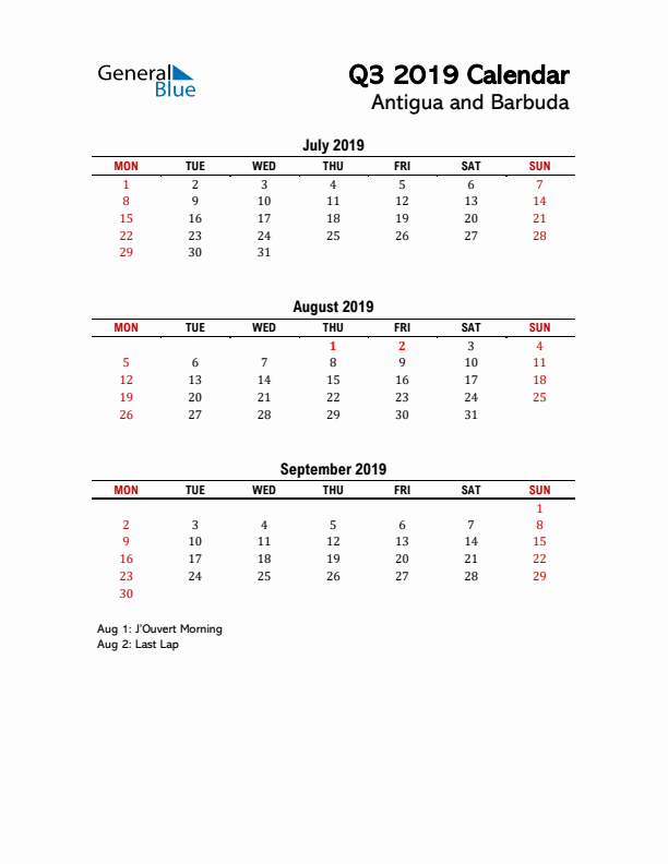 2019 Q3 Calendar with Holidays List for Antigua and Barbuda