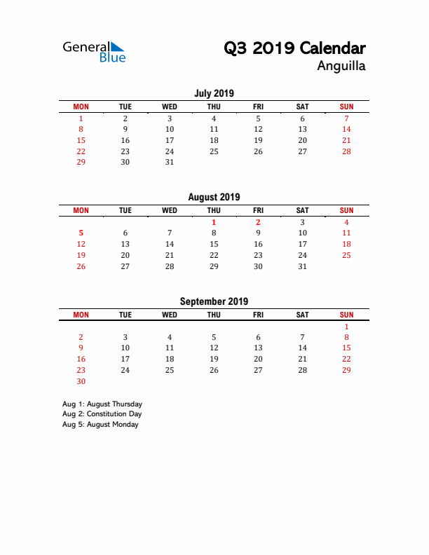 2019 Q3 Calendar with Holidays List for Anguilla