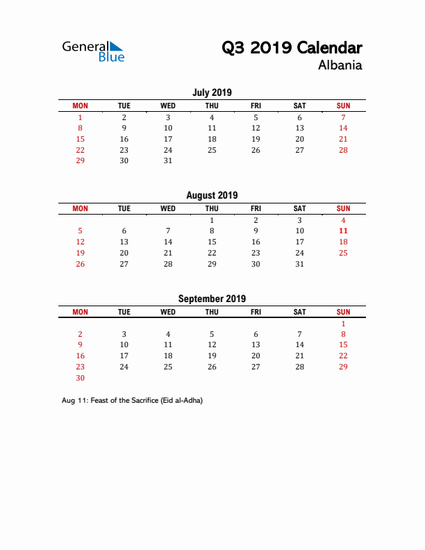 2019 Q3 Calendar with Holidays List for Albania