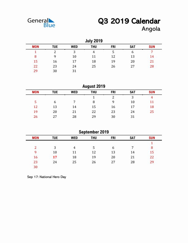 2019 Q3 Calendar with Holidays List for Angola