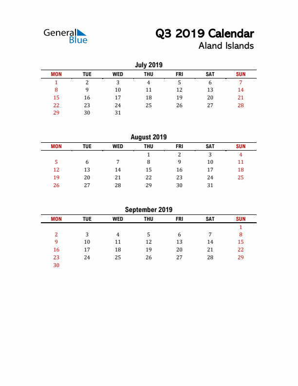 2019 Q3 Calendar with Holidays List for Aland Islands