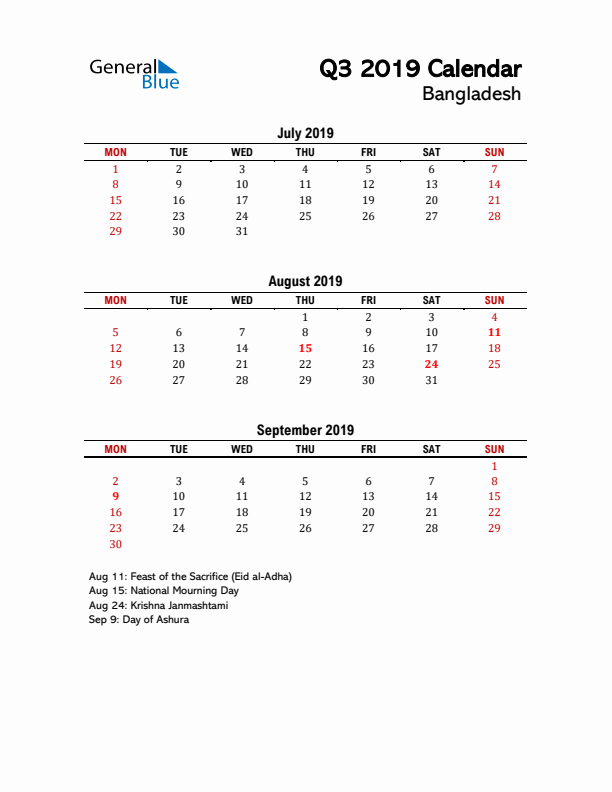 2019 Q3 Calendar with Holidays List for Bangladesh