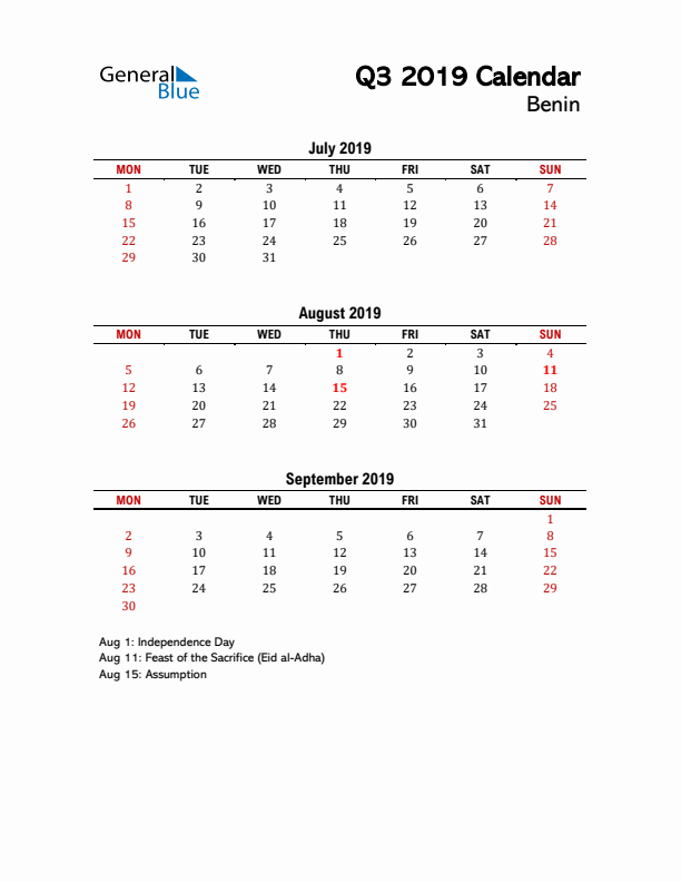 2019 Q3 Calendar with Holidays List for Benin