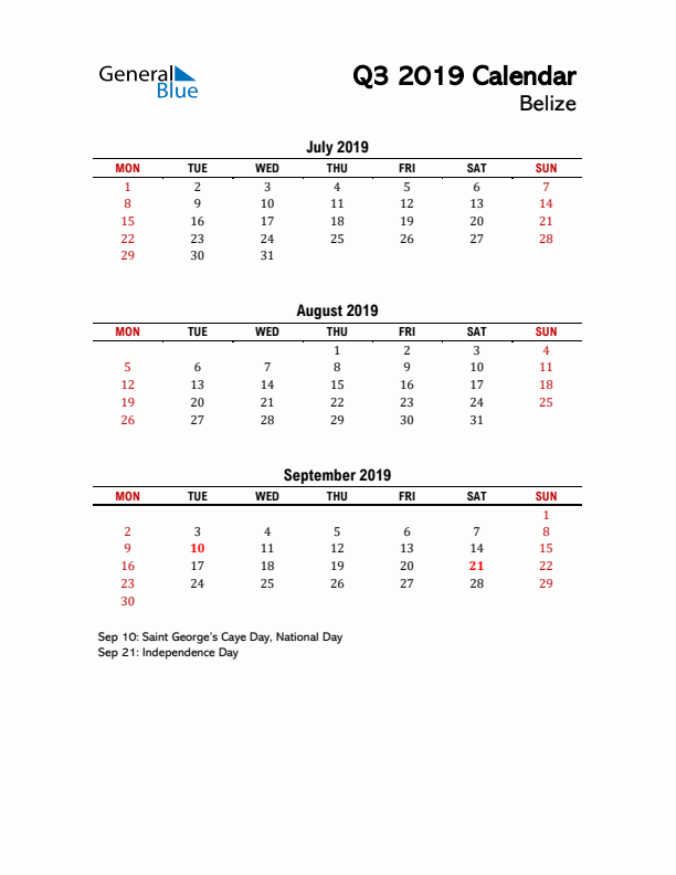 2019 Q3 Calendar with Holidays List for Belize