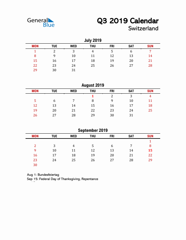 2019 Q3 Calendar with Holidays List for Switzerland