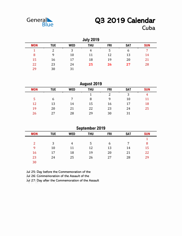 2019 Q3 Calendar with Holidays List for Cuba