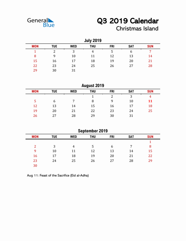 2019 Q3 Calendar with Holidays List for Christmas Island