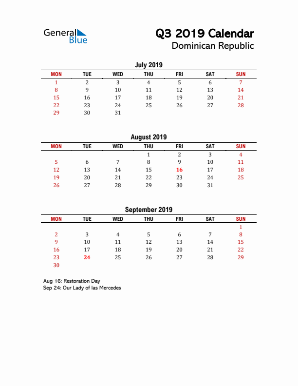 2019 Q3 Calendar with Holidays List for Dominican Republic