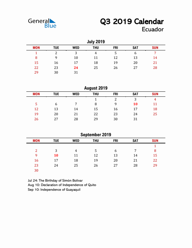 2019 Q3 Calendar with Holidays List for Ecuador