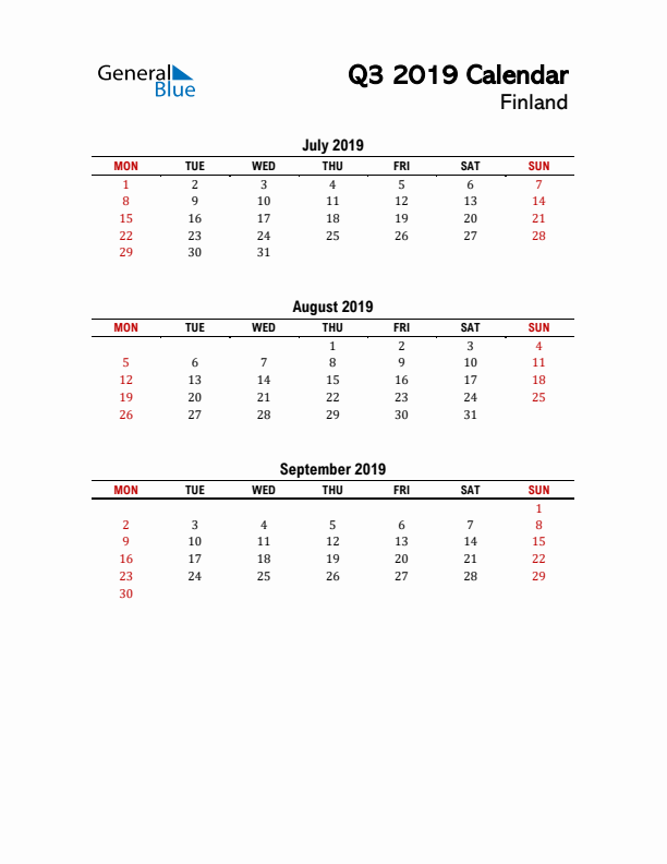 2019 Q3 Calendar with Holidays List for Finland