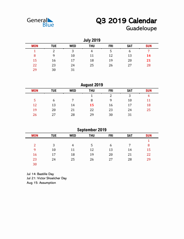 2019 Q3 Calendar with Holidays List for Guadeloupe