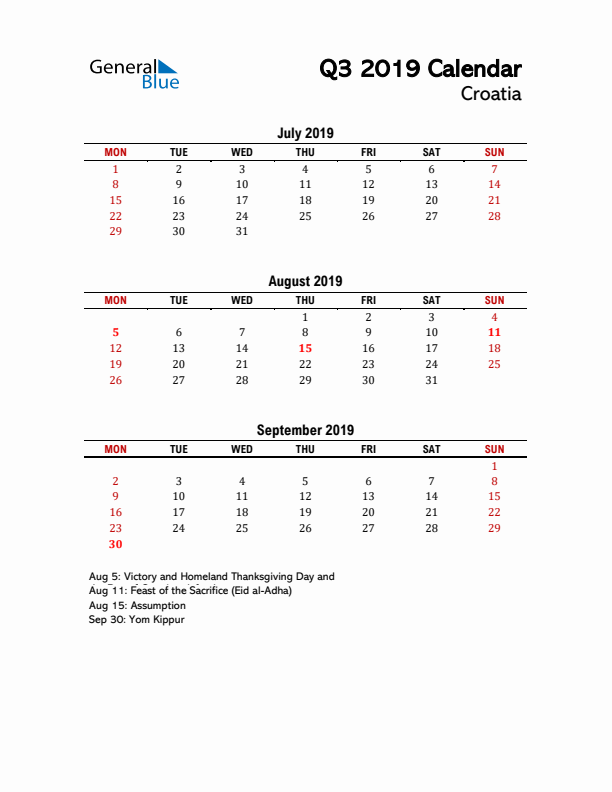 2019 Q3 Calendar with Holidays List for Croatia