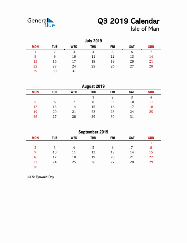 2019 Q3 Calendar with Holidays List for Isle of Man