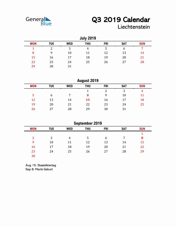 2019 Q3 Calendar with Holidays List for Liechtenstein