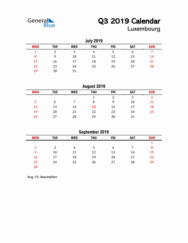 2019 Q3 Calendar with Holidays List for Luxembourg