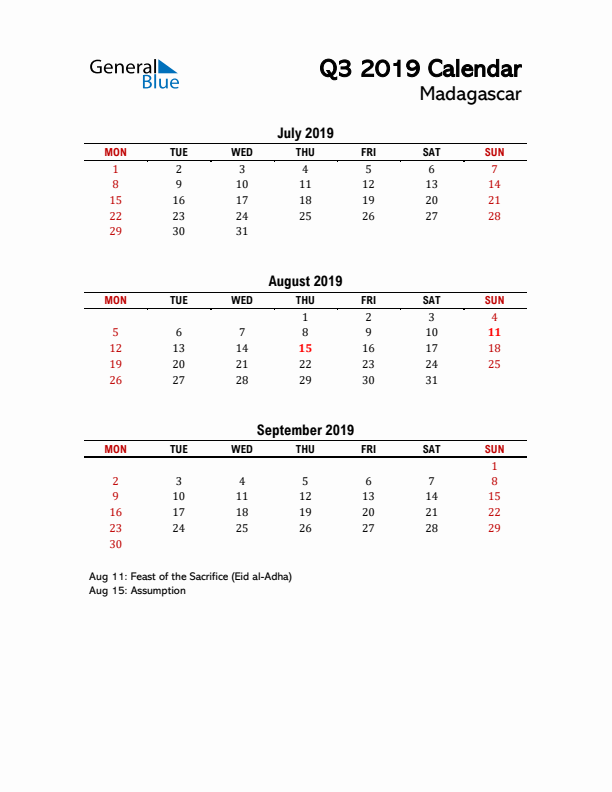 2019 Q3 Calendar with Holidays List for Madagascar