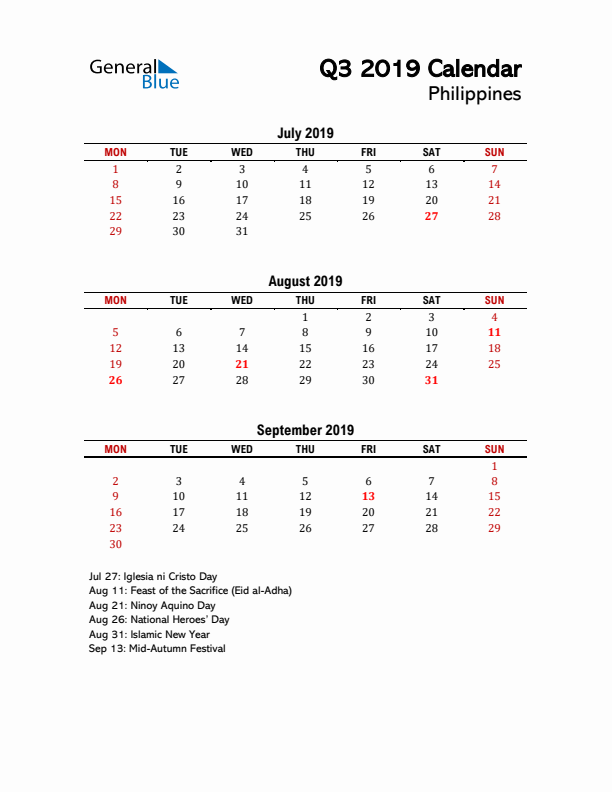 2019 Q3 Calendar with Holidays List for Philippines