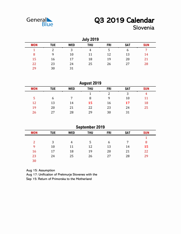 2019 Q3 Calendar with Holidays List for Slovenia