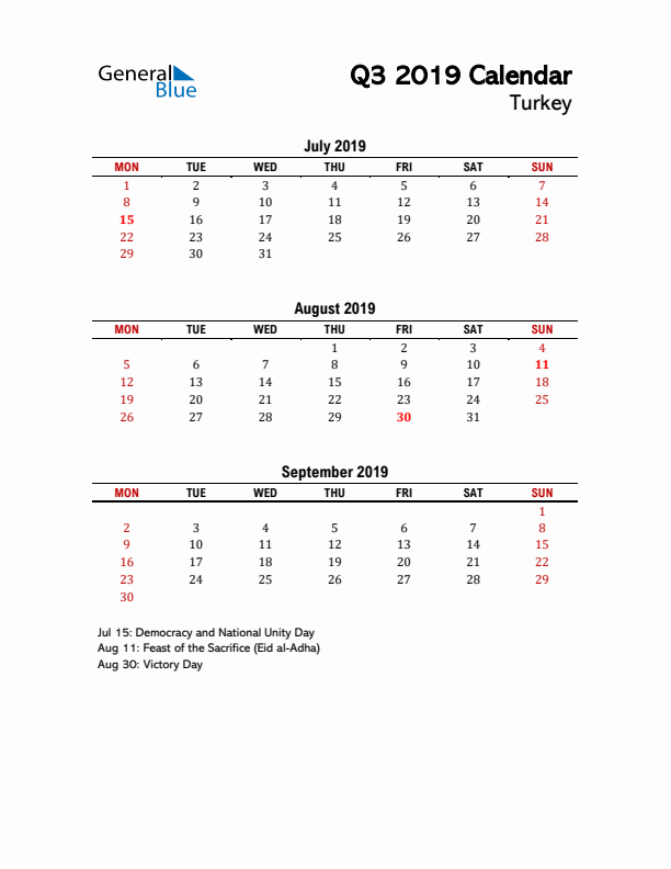 2019 Q3 Calendar with Holidays List for Turkey