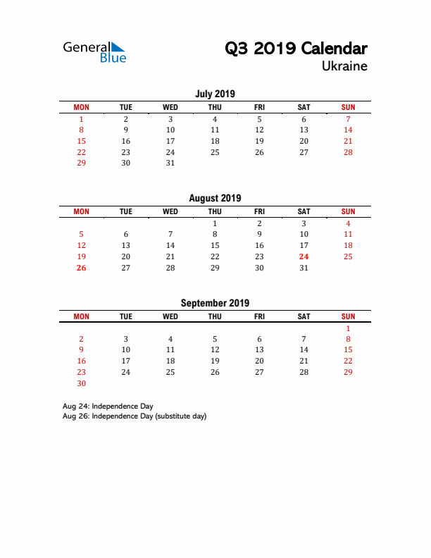 2019 Q3 Calendar with Holidays List for Ukraine