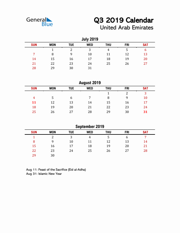 2019 Q3 Calendar with Holidays List for United Arab Emirates