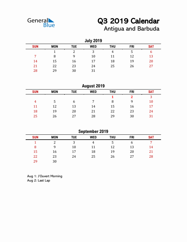 2019 Q3 Calendar with Holidays List for Antigua and Barbuda