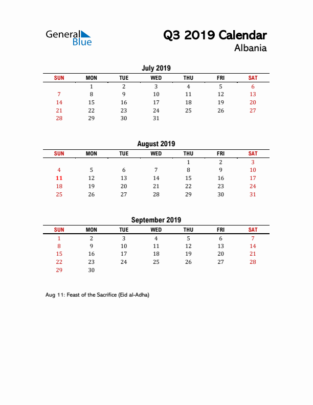 2019 Q3 Calendar with Holidays List for Albania