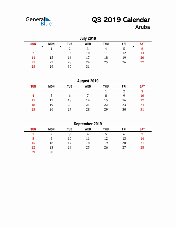 2019 Q3 Calendar with Holidays List for Aruba